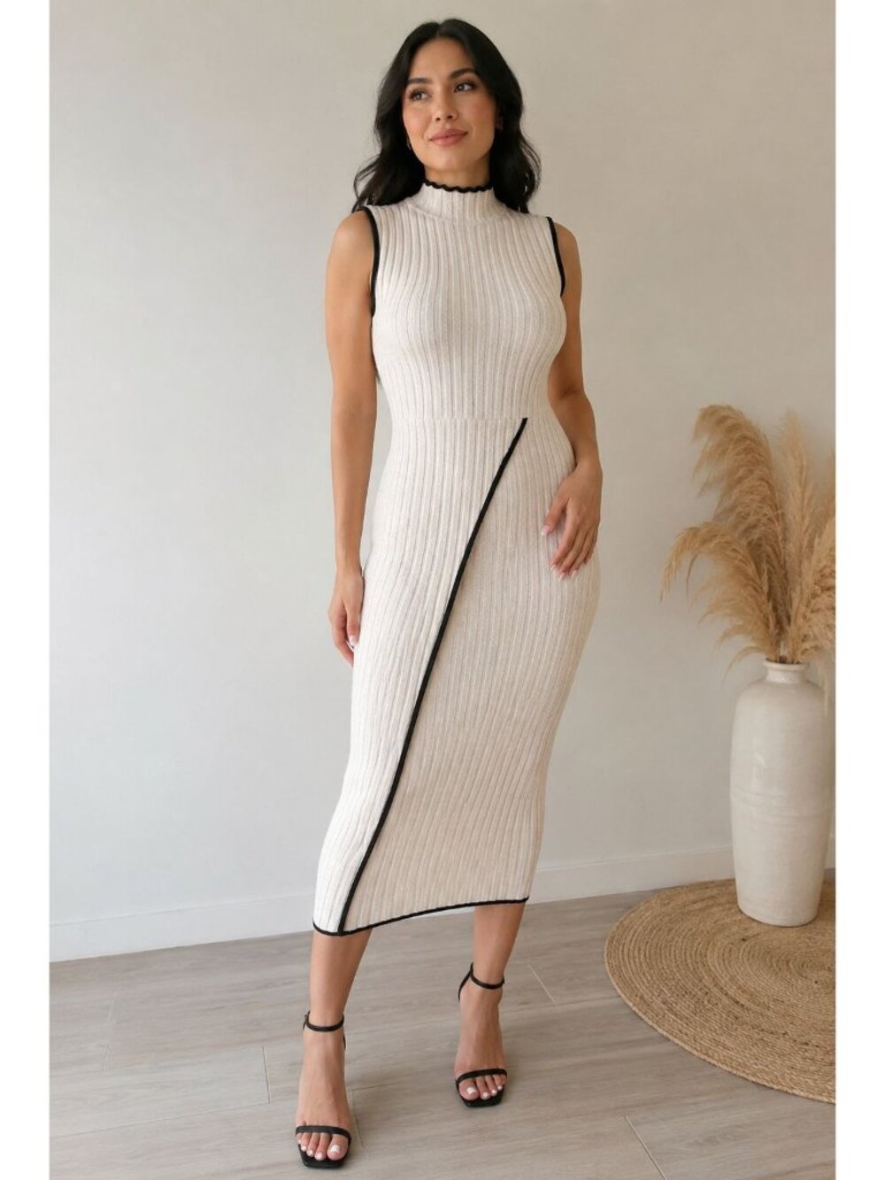 Scalloped High Neck ribbed sleeveless sweater midi dress with contrast trim SZ L